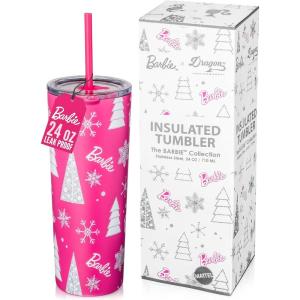imageDragon Glassware x Barbie Vacuum Insulated Stainless Steel Tumbler with Lid and Straw  Festive Holiday Travel Coffee Tumbler Cup to Keep Drinks Hot or Cold Fits Cup Holders  Christmas ThemeBarbie  Pink Christmas
