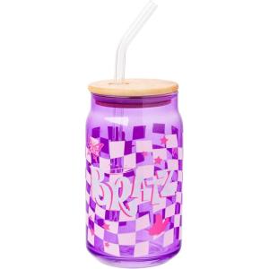 imageSilver Buffalo Wicked Featuring Elphaba Make Your Own Magic Glass Jar Tumbler with Bamboo Lid and Glass Straw 16 OuncesBratz Logo Purple Checkered