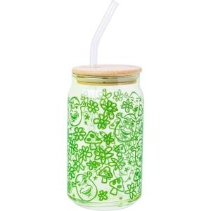 imageSilver Buffalo Wicked Featuring Elphaba Make Your Own Magic Glass Jar Tumbler with Bamboo Lid and Glass Straw 16 OuncesShrek  Flowers  and Mushrooms Doodle
