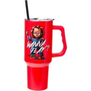 imageSilver Buffalo Wicked Elphaba Not Your Basic Witch Ombre Stainless Steel Tumbler with Handle and Straw Fits in Standard Cup Holder 40 OuncesChucky Wanna Play