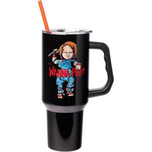 imageSilver Buffalo Wicked Elphaba Not Your Basic Witch Ombre Stainless Steel Tumbler with Handle and Straw Fits in Standard Cup Holder 40 OuncesChucky Wanna Play Spooky Scary