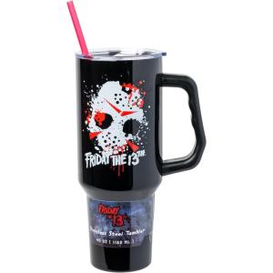 imageSilver Buffalo Wicked Elphaba Not Your Basic Witch Ombre Stainless Steel Tumbler with Handle and Straw Fits in Standard Cup Holder 40 OuncesFriday the 13th Splatter
