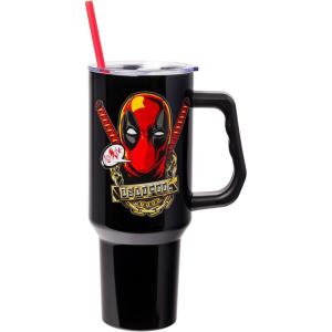 imageSilver Buffalo Wicked Elphaba Not Your Basic Witch Ombre Stainless Steel Tumbler with Handle and Straw Fits in Standard Cup Holder 40 OuncesMarvel Deadpool