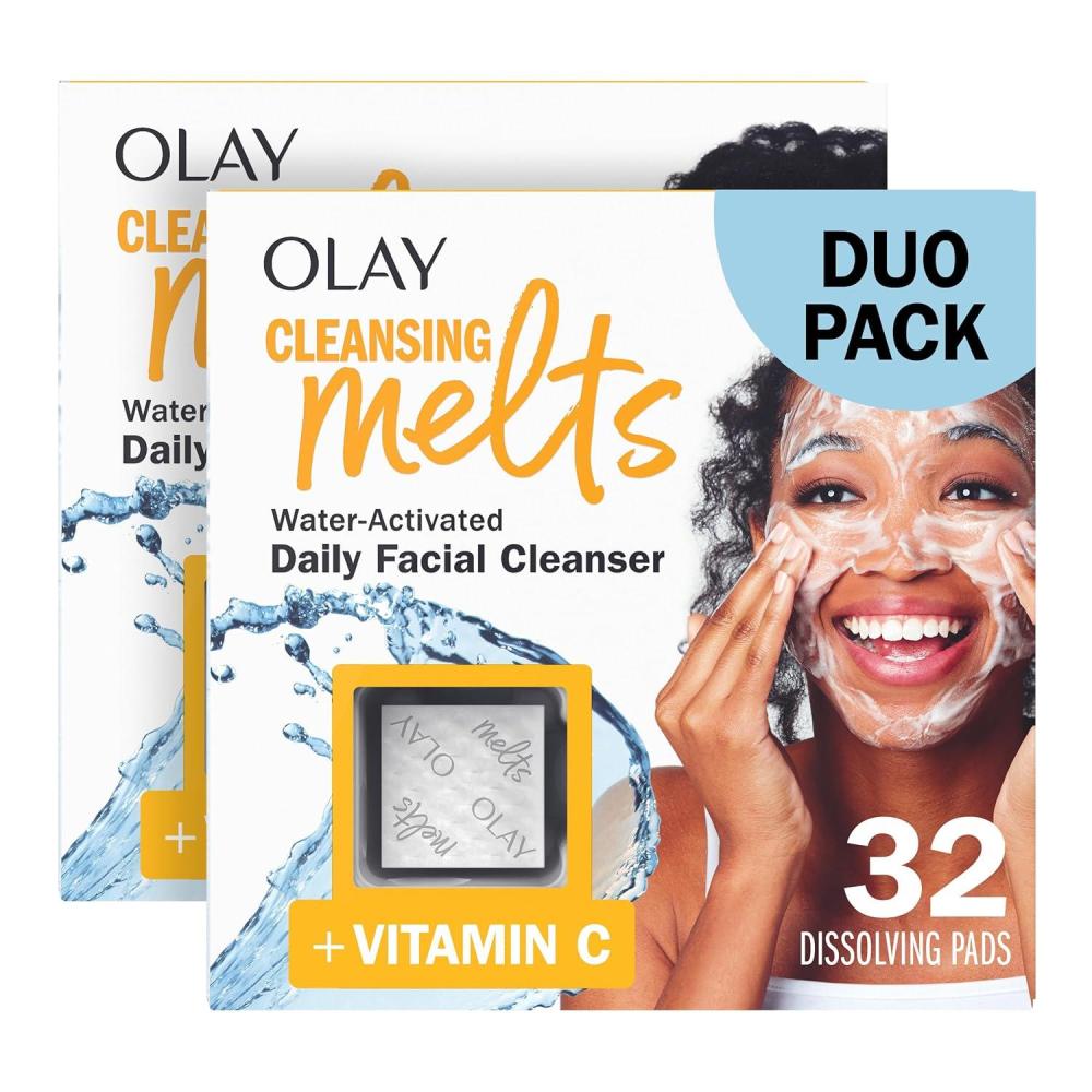 imageOlay Face Wash Vitamin C Cleansing Melts Daily Use Gentle Cleanser For All Skin Types Travel Size Soft Citrus Scent WaterActivated to Clean Tone and Refresh 64ct 2 Pack x 32ctVitamin C
