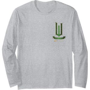imageWicked Movie Logo Elphaba Green And Gold Broom Long Sleeve TShirtHeather Grey