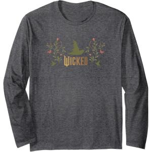 imageWicked Movie Logo Elphaba Hat Floral Long Sleeve TShirtDark Heather Grey