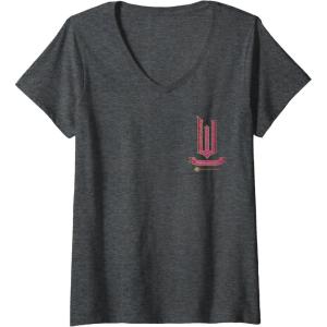 imageWomens Wicked Movie Logo Glinda Pink And Gold Wand VNeck TShirtDark Heather Grey