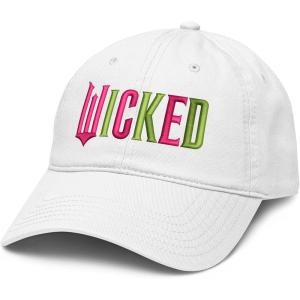 imageWicked Elphaba ampamp Glinda Pink ampamp Green Wicked Logo Adjustable Puff Embroidered Baseball HatWhite