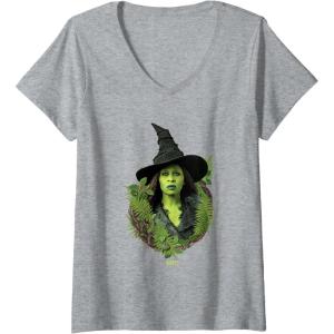 imageWomens Wicked For Good Elphaba Bold Portrait ampamp Greenery VNeck TShirtHeather Grey