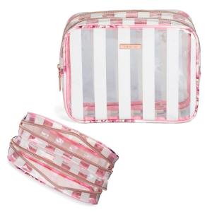 imageConair Makeup Bag Large Double Zip Toiletry and Cosmetic Bag Perfect Size for Use At Home or Travel Double Zip Organizer Shape in BlackPink  White Stripe
