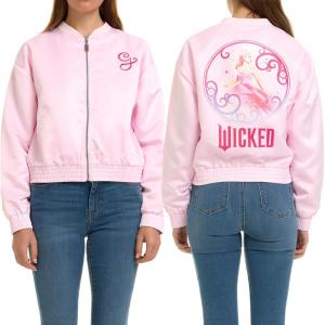 imageWicked womens Wicked Glinda Womens Ladies ampamp Juniors Pink Satin Bomber Jacket With Embroidery ampamp Metallic Foil Back PrintLight Pink
